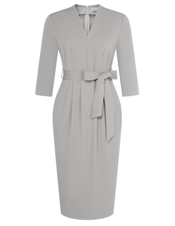 Womens Work Dresses V Neck 3/4 Sleeve Back Zipper Tie Waist Bodycon Dress Office Cocktail Dress with Pockets