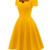 Women's Classic Tea Dress Short Sleeve Swing Cocktail Party Dresses with Pockets
