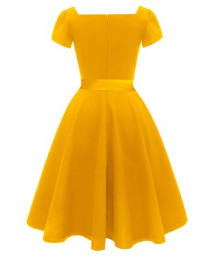 Women's Classic Tea Dress Short Sleeve Swing Cocktail Party Dresses with Pockets