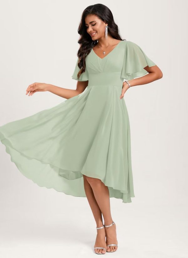 Chiffon Bridesmaid Dresses Short A-Line V Neck Asymmetrical Prom Dress for Women Formal Party Gowns with Pockets