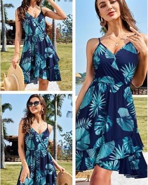 Womens Summer Dresses Floral V Neck Ruffled Hem Spaghetti Spring Casual Beach Outfits Flowy Wrap Sun Dress