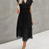 Women Summer Bohemian Floral Casual Wrap V Neck Ruffle Cap Sleeveless Belt A-Line Pleated Hem Midi Sun Dress White