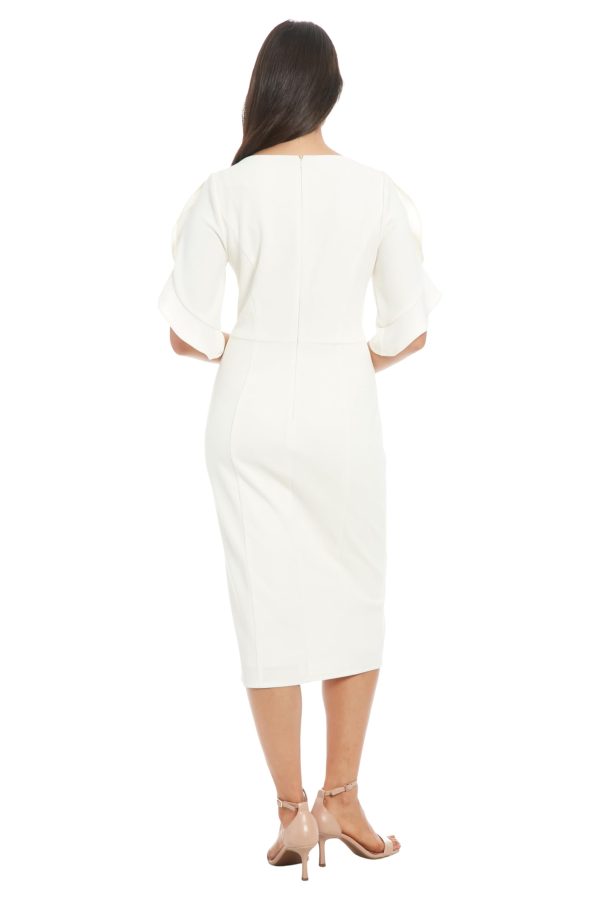 Women's V-Neck Midi Sheath Ruffle Sleeves-Front Slit-Elegant Wedding Guest Cocktail Dress