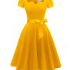 Women's Classic Tea Dress Short Sleeve Swing Cocktail Party Dresses with Pockets