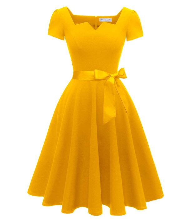 Women's Classic Tea Dress Short Sleeve Swing Cocktail Party Dresses with Pockets