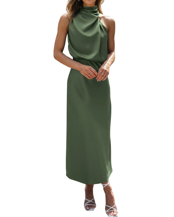 Womens Sleeveless Cocktail Dresses Mock Neck Keyhole Elastic High Waist Evening Party Maxi Wedding Guest Dress