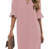 Shift Dress for Women V Neck Short Sleeves Solid Color Casual Flowy Summer Dresses(S-2XL)