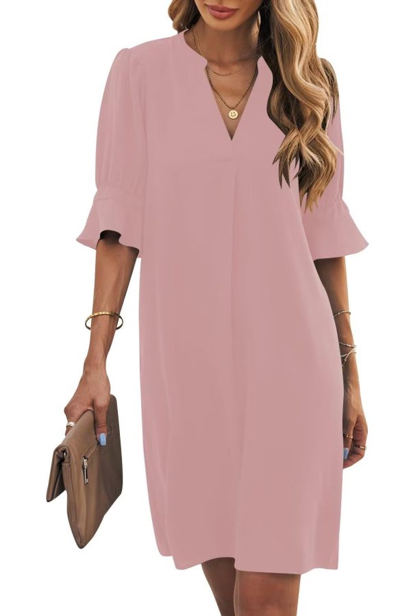 Shift Dress for Women V Neck Short Sleeves Solid Color Casual Flowy Summer Dresses(S-2XL)