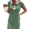 Women T Shirt Dress Summer Fashion Mini Dress Crew Neck Short Sleeve Dress Solid Color Casual Dress with Pocket