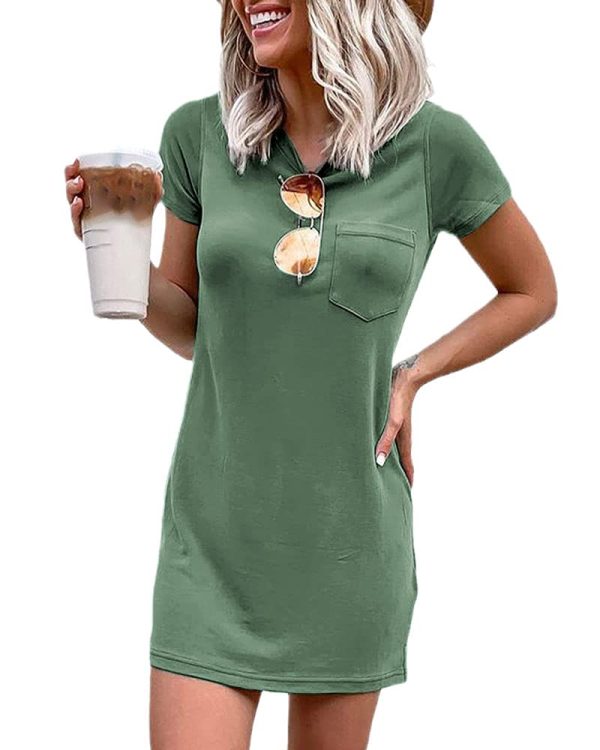 Women T Shirt Dress Summer Fashion Mini Dress Crew Neck Short Sleeve Dress Solid Color Casual Dress with Pocket