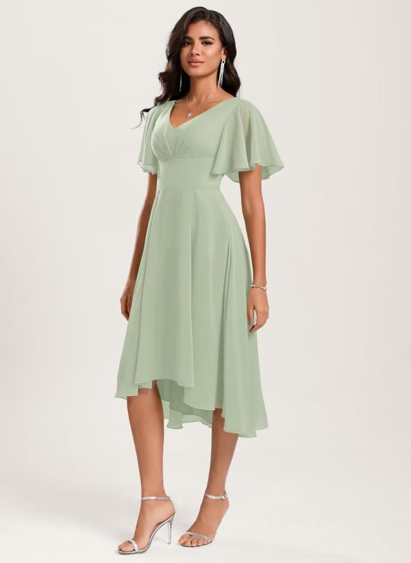 Chiffon Bridesmaid Dresses Short A-Line V Neck Asymmetrical Prom Dress for Women Formal Party Gowns with Pockets
