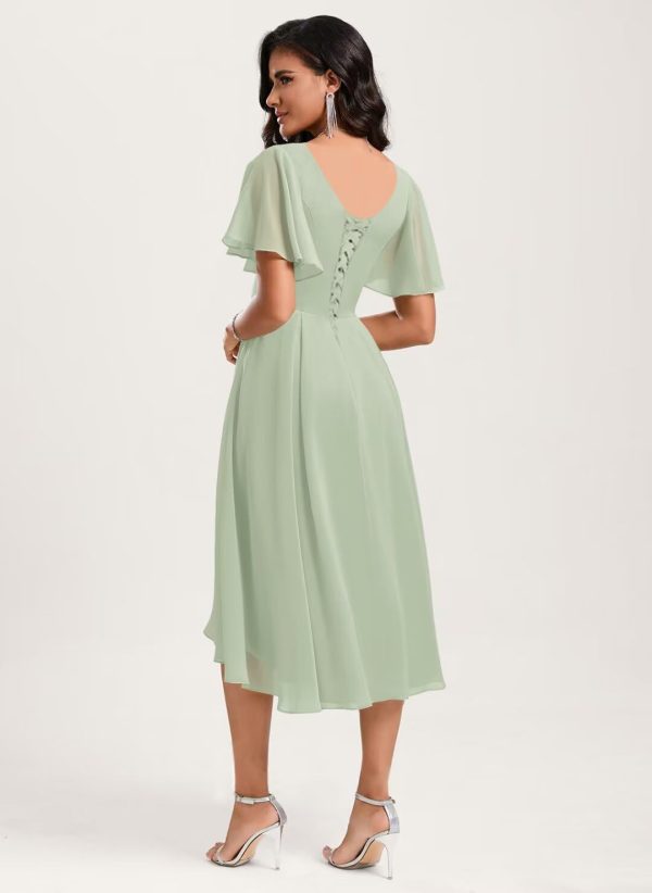 Chiffon Bridesmaid Dresses Short A-Line V Neck Asymmetrical Prom Dress for Women Formal Party Gowns with Pockets