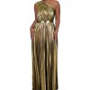 Women's Luxury Metallic One Shoulder Sleeveless Elegant Pleated Long Dress