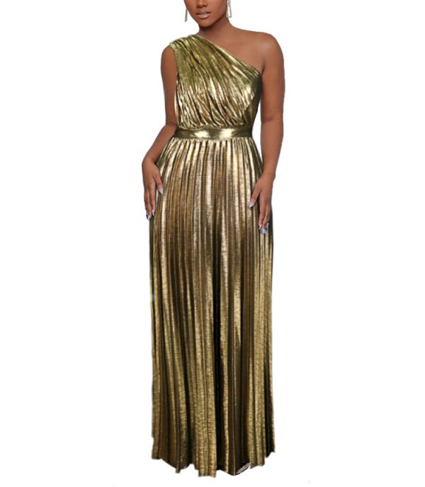Women's Luxury Metallic One Shoulder Sleeveless Elegant Pleated Long Dress