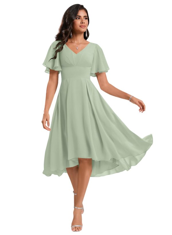 Chiffon Bridesmaid Dresses Short A-Line V Neck Asymmetrical Prom Dress for Women Formal Party Gowns with Pockets