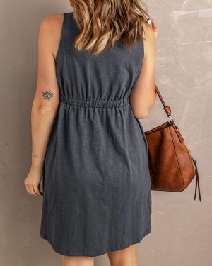 Women Summer Casual Sleeveless Button Down Elastic Waist Swing Dresses, XS-2XL
