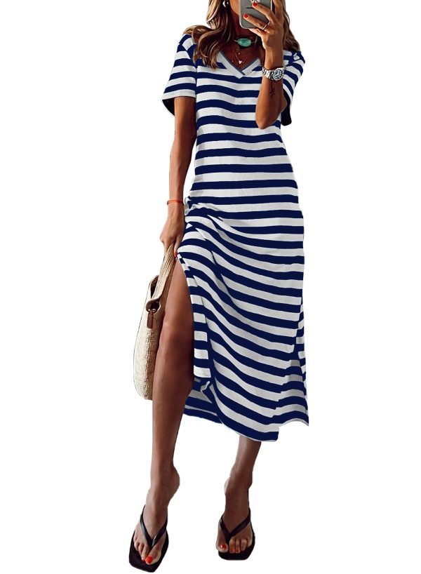 Women 2025 Casual Maxi Dress Short Sleeve V Neck Stripe Sundress Split Loose Long Summer Tshirt Activewear Dress