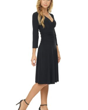 Women's Slimming 3/4 Sleeve Fit-and-Flare Crossover Tummy Control Dress