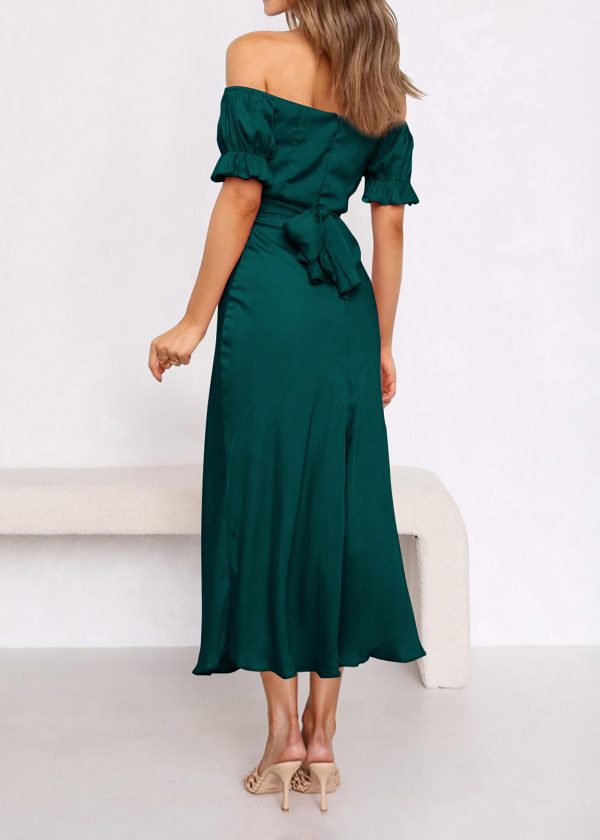Women's 2025 Summer Satin Midi Dress Off The Shoulder Wrap Ruched Wedding Guest Party Cocktail Formal Prom Dresses