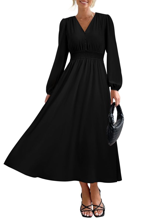 PRTTYGARDEN Womens Long Sleeve Maxi Dress 2025 Spring Trendy Elegant V Neck Flowy Wedding Guest Holiday Formal Long Dresses