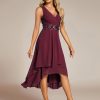 Women's Hi-Lo Sleeveless V Neck Appliques Flowy Chiffon Midi Formal Dress for Wedding Guest 41926