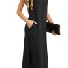 2025 Women Summer Round Neck Casual Loose Split Wrinkle-Free Long Maxi Vacation Dress with Pockets (XS-3XL)