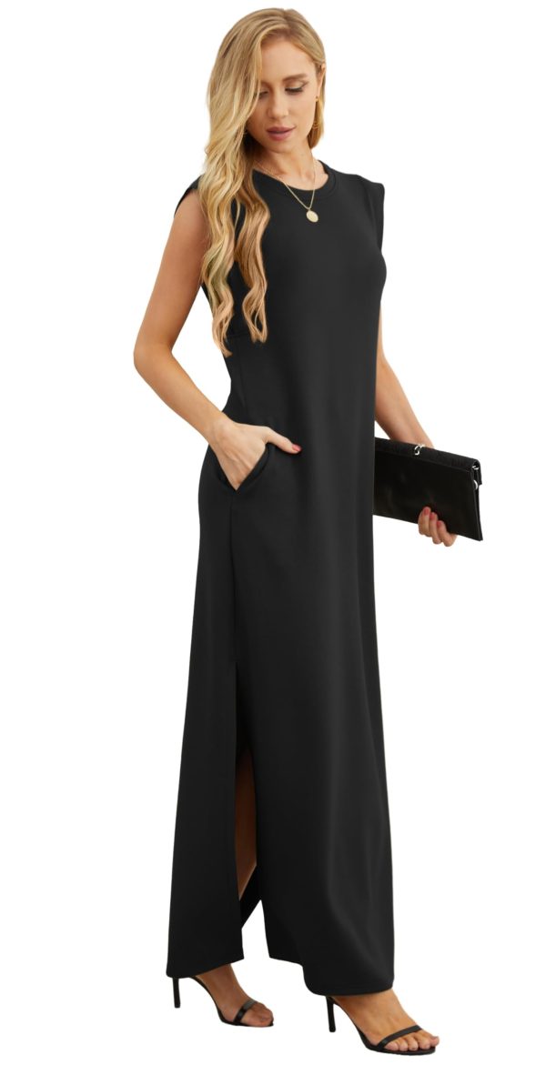 2025 Women Summer Round Neck Casual Loose Split Wrinkle-Free Long Maxi Vacation Dress with Pockets (XS-3XL)