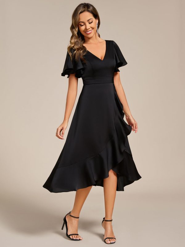 Women's V Neck Satin Short Sleeve A Line Hi-Lo Midi Asymmetry Hem Bridesmaid Dress 02318