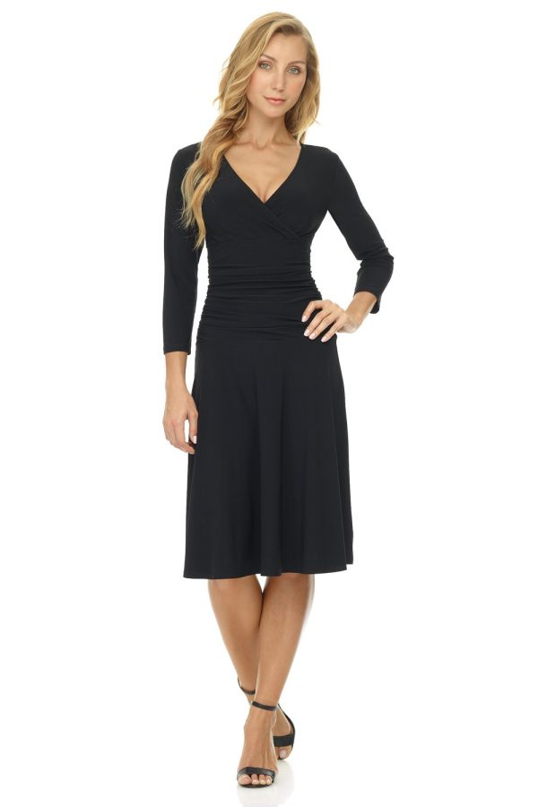 Women's Slimming 3/4 Sleeve Fit-and-Flare Crossover Tummy Control Dress