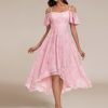 Women's Summer Cold Shoulder Hi-Lo Asymmetrical Hem Flowy Chiffon Short Wedding Guest Dress 02103