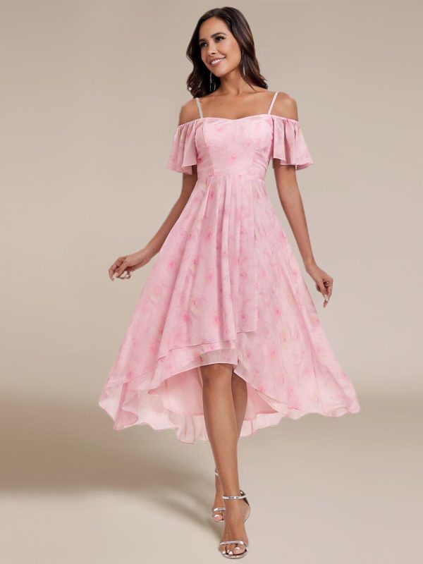 Women's Summer Cold Shoulder Hi-Lo Asymmetrical Hem Flowy Chiffon Short Wedding Guest Dress 02103