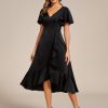 Women's V Neck Satin Short Sleeve A Line Hi-Lo Midi Asymmetry Hem Bridesmaid Dress 02318