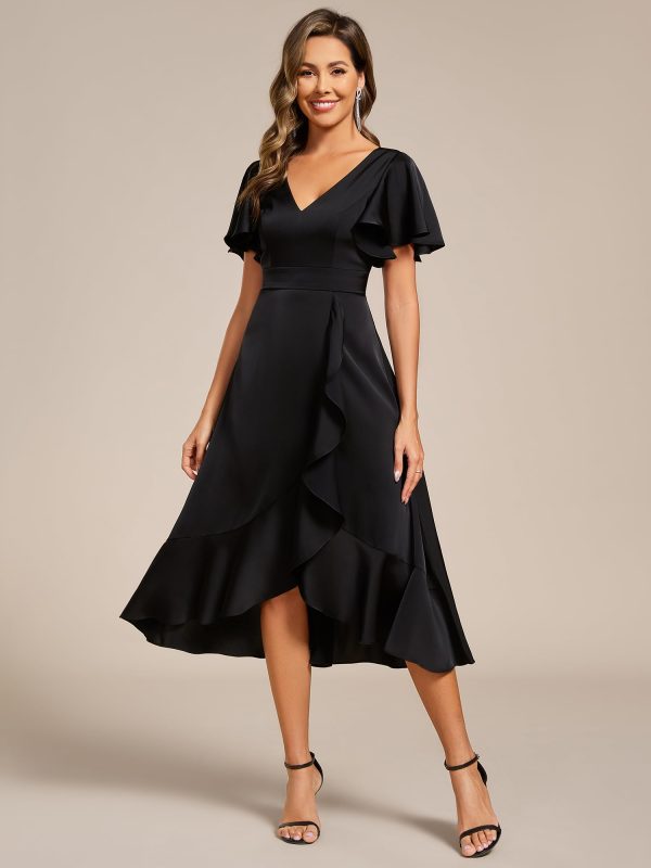 Women's V Neck Satin Short Sleeve A Line Hi-Lo Midi Asymmetry Hem Bridesmaid Dress 02318