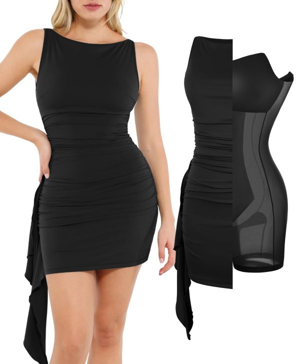 Cocktail Dresses for Women Shapewear Tummy Control Boat Neck Summer Wedding Guest Party Bodycon Ruched Mini Dress