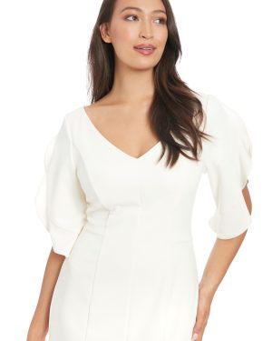 Women's V-Neck Midi Sheath Ruffle Sleeves-Front Slit-Elegant Wedding Guest Cocktail Dress