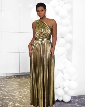 Women's Luxury Metallic One Shoulder Sleeveless Elegant Pleated Long Dress