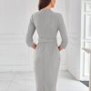 Womens Work Dresses V Neck 3/4 Sleeve Back Zipper Tie Waist Bodycon Dress Office Cocktail Dress with Pockets
