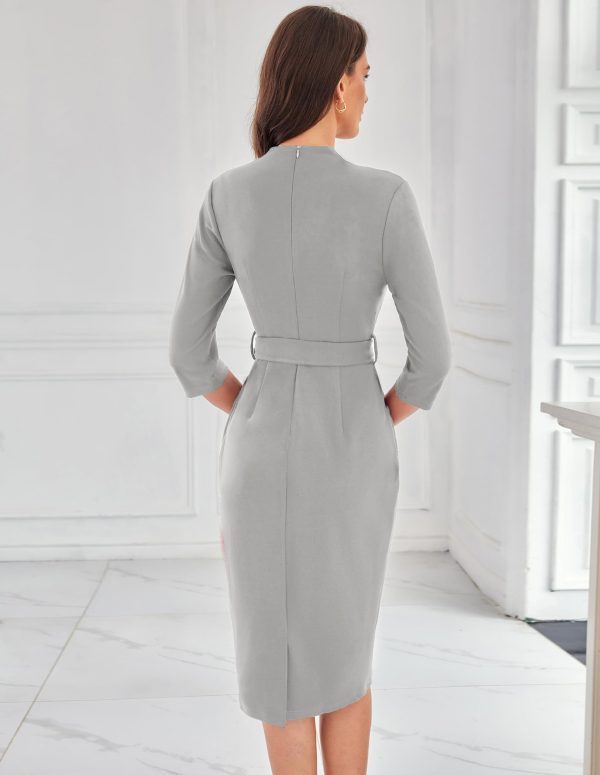 Womens Work Dresses V Neck 3/4 Sleeve Back Zipper Tie Waist Bodycon Dress Office Cocktail Dress with Pockets