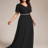 Beading Waist A Line Short Sleeves Chiffon Plus Size Maxi Formal Evening Dresses for Curvy Women 11981-DA