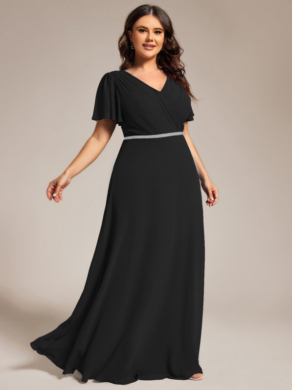 Beading Waist A Line Short Sleeves Chiffon Plus Size Maxi Formal Evening Dresses for Curvy Women 11981-DA