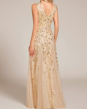 Women's Sexy Sleeveless V-Neck Evening Gowns Empire Waist Sequin Embroidery Formal Dress