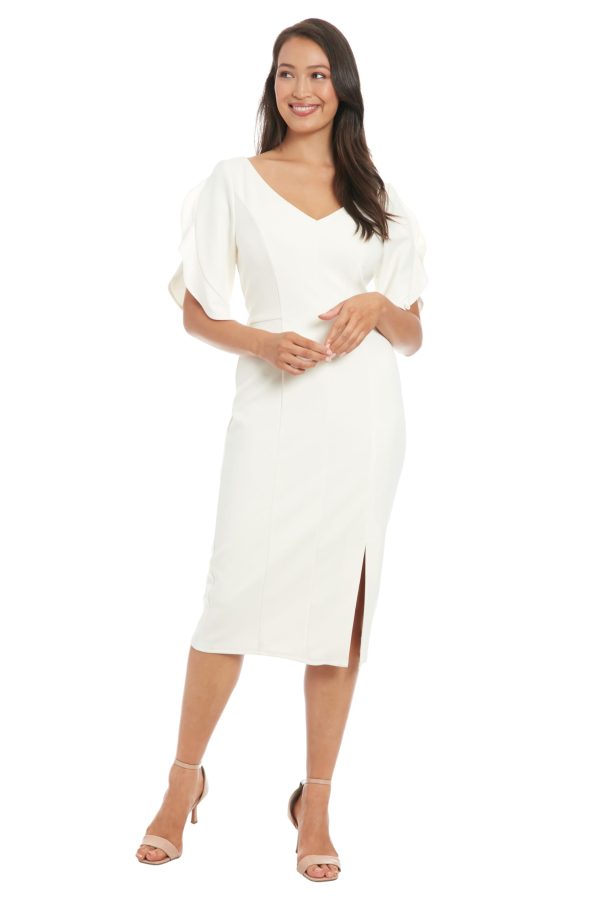 Women's V-Neck Midi Sheath Ruffle Sleeves-Front Slit-Elegant Wedding Guest Cocktail Dress