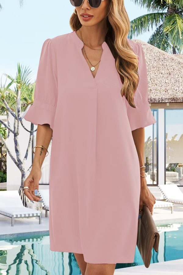 Shift Dress for Women V Neck Short Sleeves Solid Color Casual Flowy Summer Dresses(S-2XL)