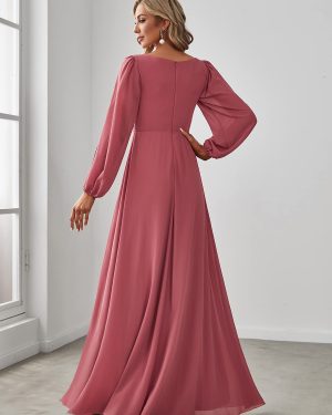 Women's V Neck Long Sleeves Floor Length Ruched Chiffon Formal Dress 00461