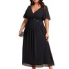 Women's V Neck Pleated Chiffon Applique Ruffles Sleeves Maxi Plus Size Formal Wedding Guest Dresses