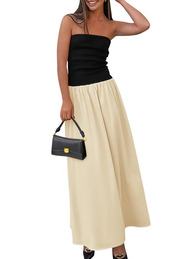 Women's 2025 Spring Strapless Maxi Dresses Patchwork Long Flowy Pockets Elegant Going Out Summer Tube Top Dress
