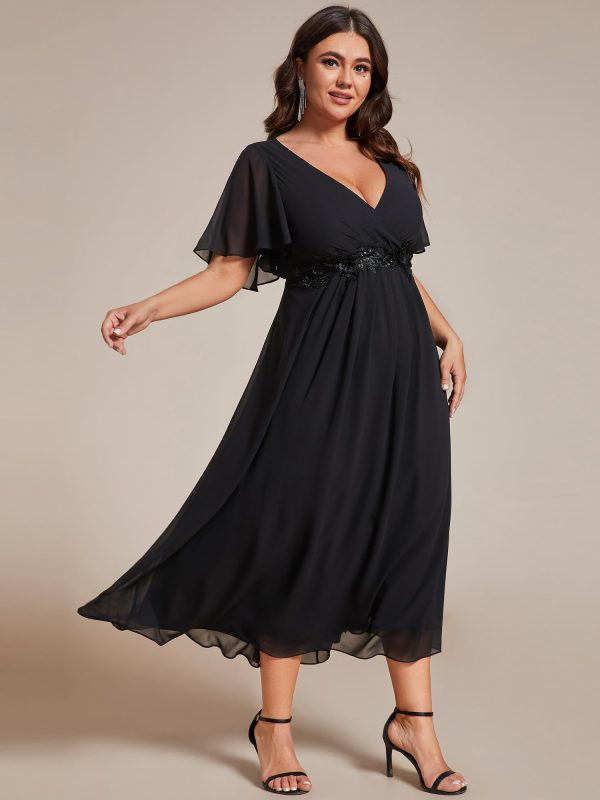 Women's V Neck Pleated Chiffon Applique Ruffles Sleeves Maxi Plus Size Formal Wedding Guest Dresses