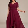 Women's V-Neck Chiffon Beading Short Ruffles Sleeves Maxi Plus Size Formal Evening Dresses
