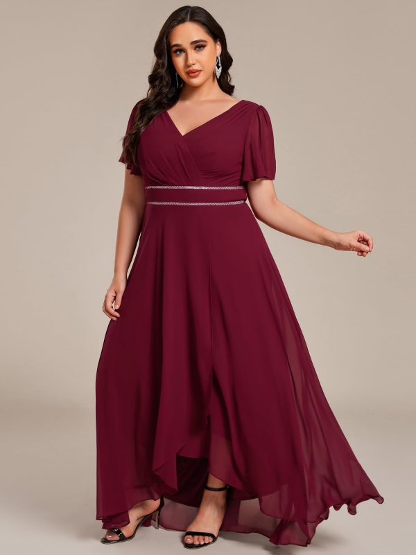 Women's V-Neck Chiffon Beading Short Ruffles Sleeves Maxi Plus Size Formal Evening Dresses