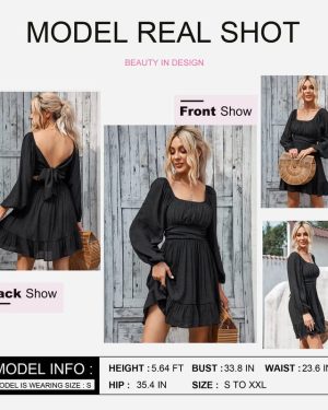 Womens Dress Long Lantern Sleeve Square Neck Tie Backless Sexy Dress Ruffle Elastic Waist A-Line Mini Dress